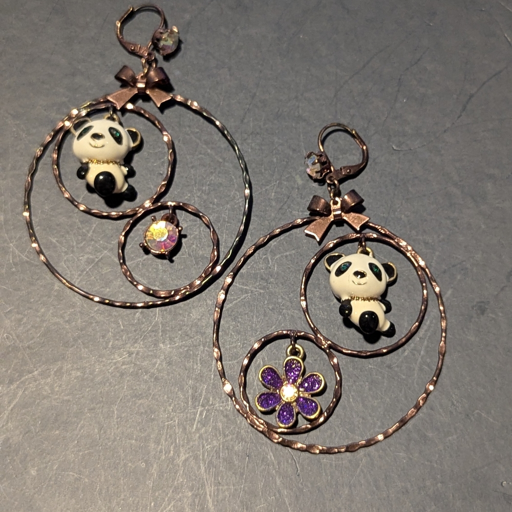 Betsey Johnson Panda Charm Earrings with Purple Accents
